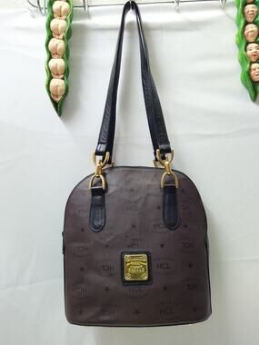 HCL Brown Leather Dome Double Handles Zipper Shoulder Bag - Vintage